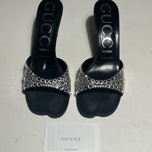 Gucci Women's Black Mules silk heels with Crystal Accents